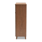 Baxton Studio Coolidge Modern and Contemporary Walnut Finished 11-Shelf Wood Shoe Storage Cabinet with Drawer