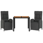 vidaXL Patio Dining Set 3 Piece, Wicker Dining Table and Chair with Cushions, Reclining Chair for Lawn Backyard Garden, Black Poly Rattan