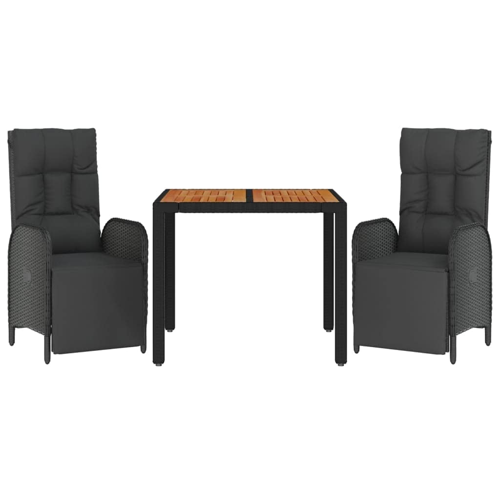 vidaXL Patio Dining Set 3 Piece, Wicker Dining Table and Chair with Cushions, Reclining Chair for Lawn Backyard Garden, Black Poly Rattan