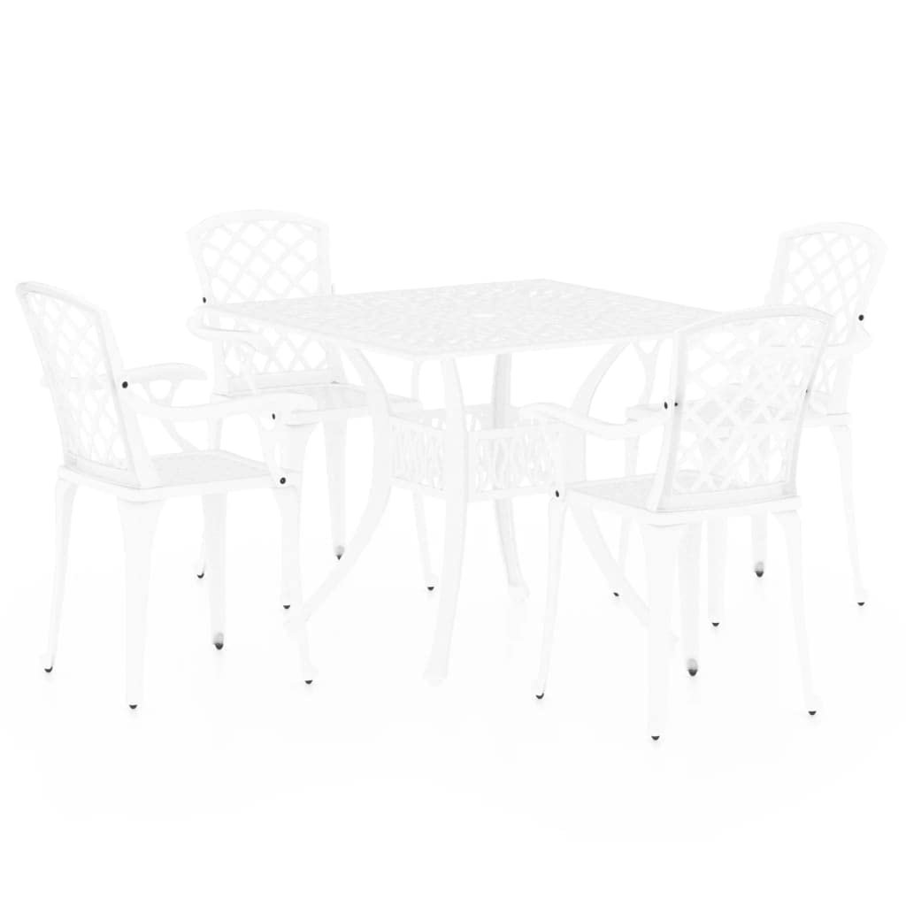 vidaXL White Patio Bistro Set, Cast Aluminum, Weather-Resistant, Elegant Outdoor Furniture, Includes 4 Chairs, Coffee Table with Umbrella Hole, Assembly Required