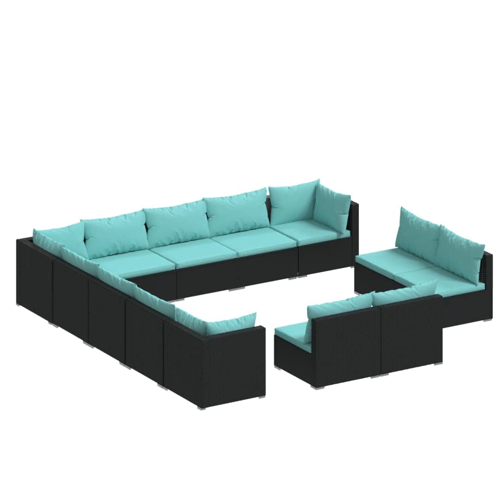 vidaXL 13 Piece Patio Lounge Set – Outdoor Furniture Set with Comfortable Water-Resistant Cushions – Durable Poly Rattan and Powder-Coated Steel – Modern Black and Water Blue Design