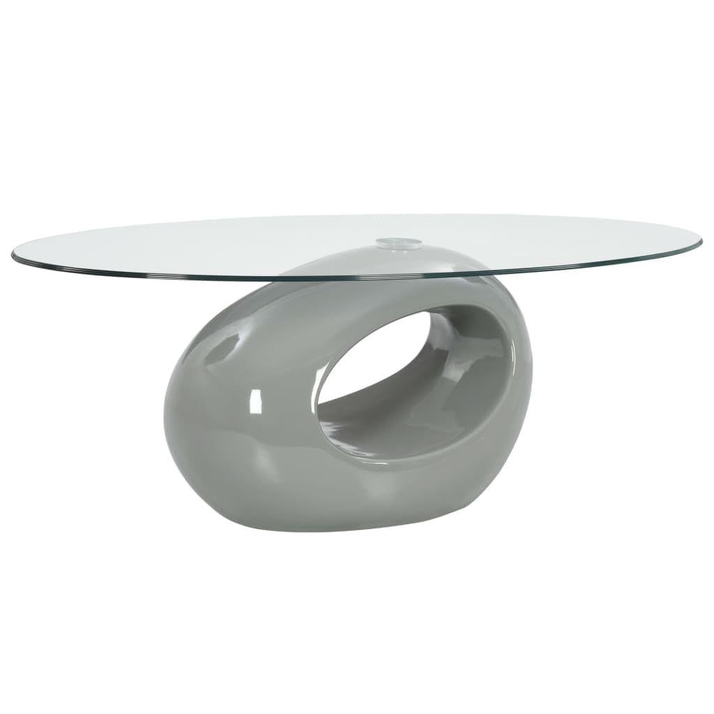 vidaXL Coffee Table with Oval Glass Top and High Gloss Base | Gray Modern Stand for Living Room | Contemporary Floating Safety Glass Top Table | Stylish Bedroom Nightstand
