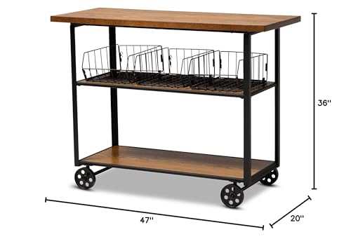 Baxton Studio Felix Rustic and Industrial Farmhouse Walnut Brown Finished Wood and Black Finished Metal Console Cart