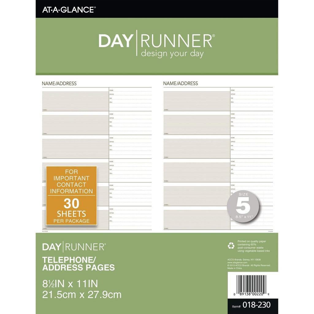 AT-A-GLANCE Day Runner Telephone & Address Pages Refill, Loose-Leaf, 8.5" x 11", 30 Sheets, White, Model 018-230