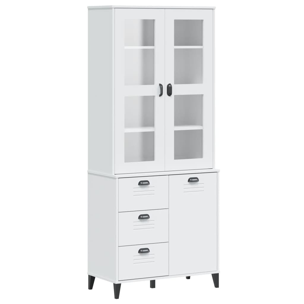 vidaXL White Solid Wood Pine Highboard Storage Console - Cabinet for Living Room with Tempered Glass Doors and Spacious Sideboard