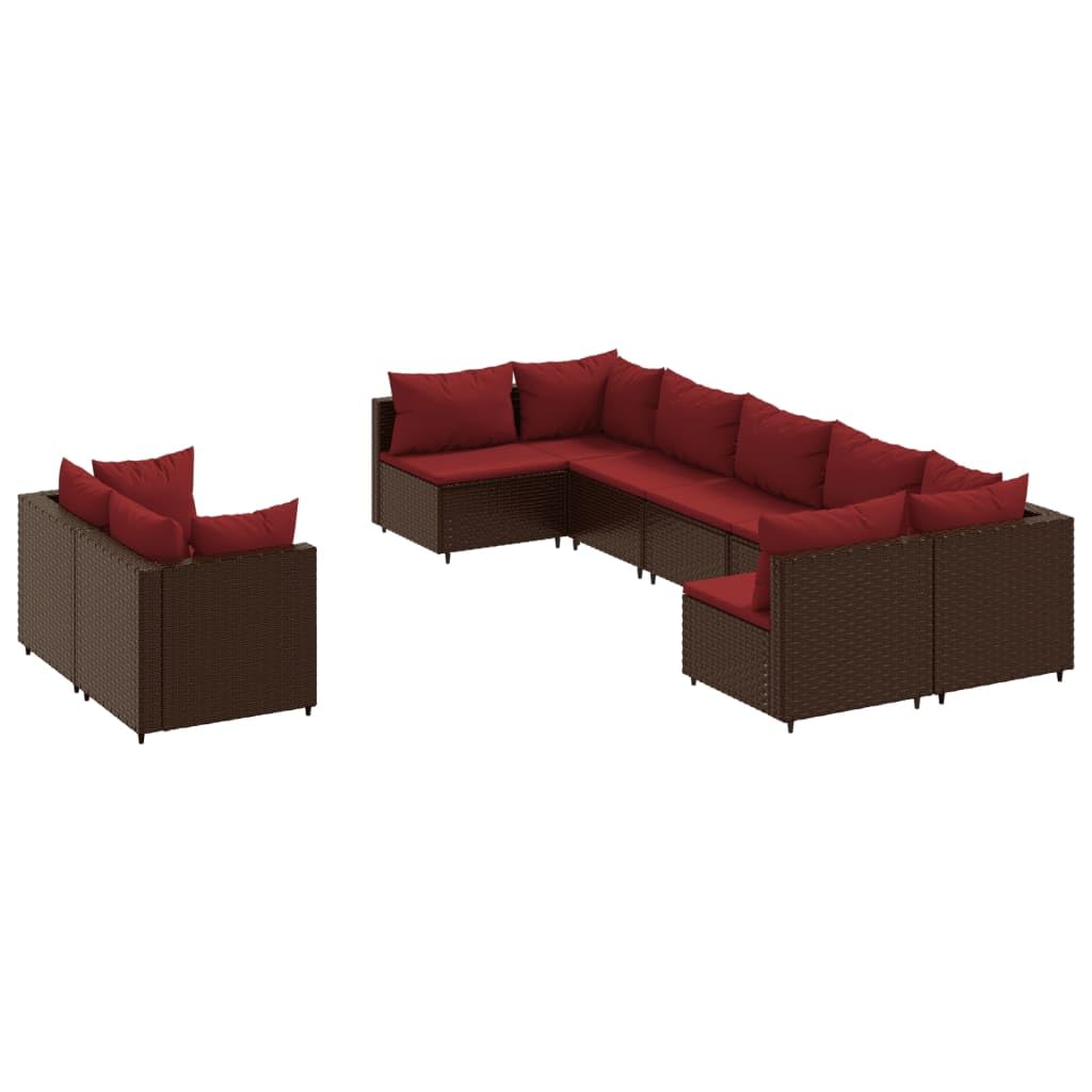 9 Piece Brown Poly Rattan Patio Sofa Set with Cinnamon Red Cushions