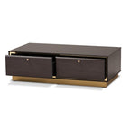 Baxton Studio Cormac Mid-Century Modern Transitional Dark Brown Finished Wood and Gold Metal 2-Drawer Coffee Table