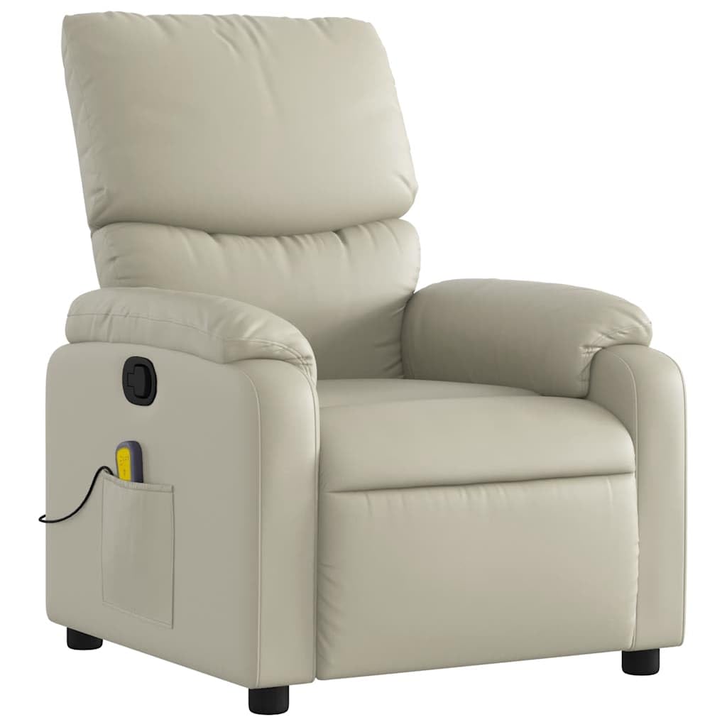 vidaXL Leather Massage Recliner Chair for Living Room, Home Theater, 6-Point Vibration Massage, Adjustable Back & Footrest, Side Pocket, Cream