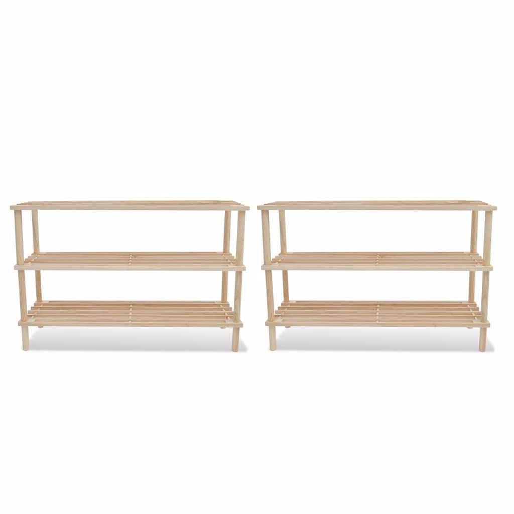 vidaXL 2 x Solid Fir Wood Shoe Rack with 3 Shelves