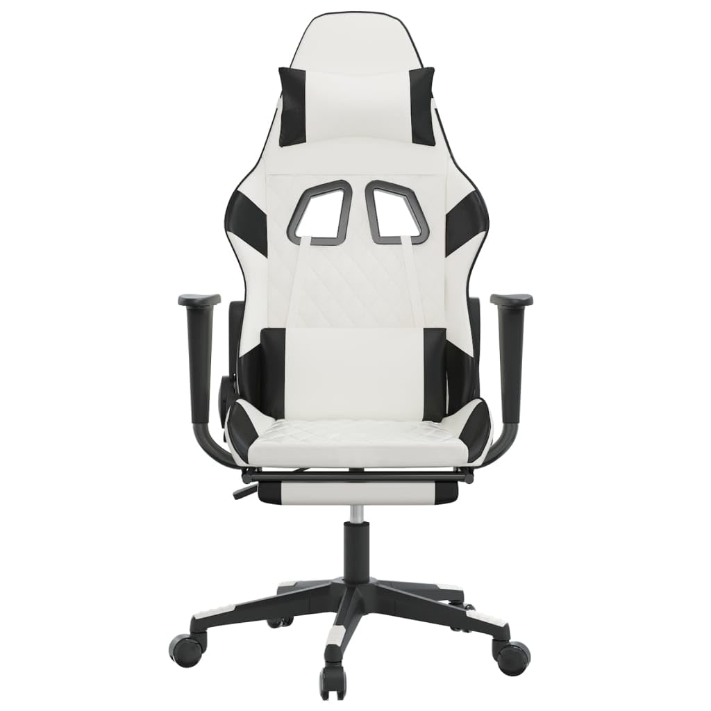 vidaXL Massage Gaming Chair for Adult, Reclining Computer Chair with Footrest and Headrest, Height Adjustable Office Chair with 360°-Swivel Castors, White and Black Faux Leather