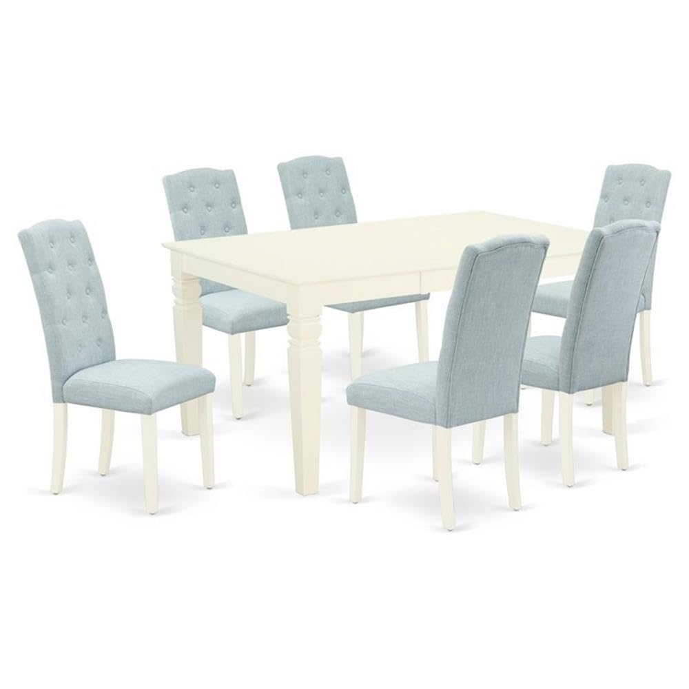 East West Furniture Wece7-Whi-15 7 Piece Dining Table Set Consist Of A Rectangle Wooden Table With Butterfly Leaf And 6 Baby Blue Linen Fabric Upholstered Chairs, 42X60 Inch, Linen White