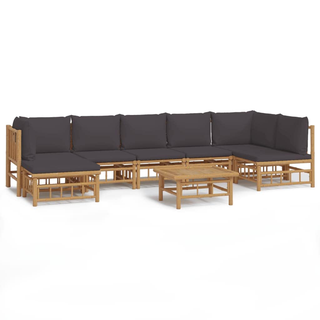 vidaXL Bamboo Patio Lounge Set with Dark Gray Cushions - 8 Piece Modular Sofa Set Including Middle Sofa, Corner Sofa, Footstool 