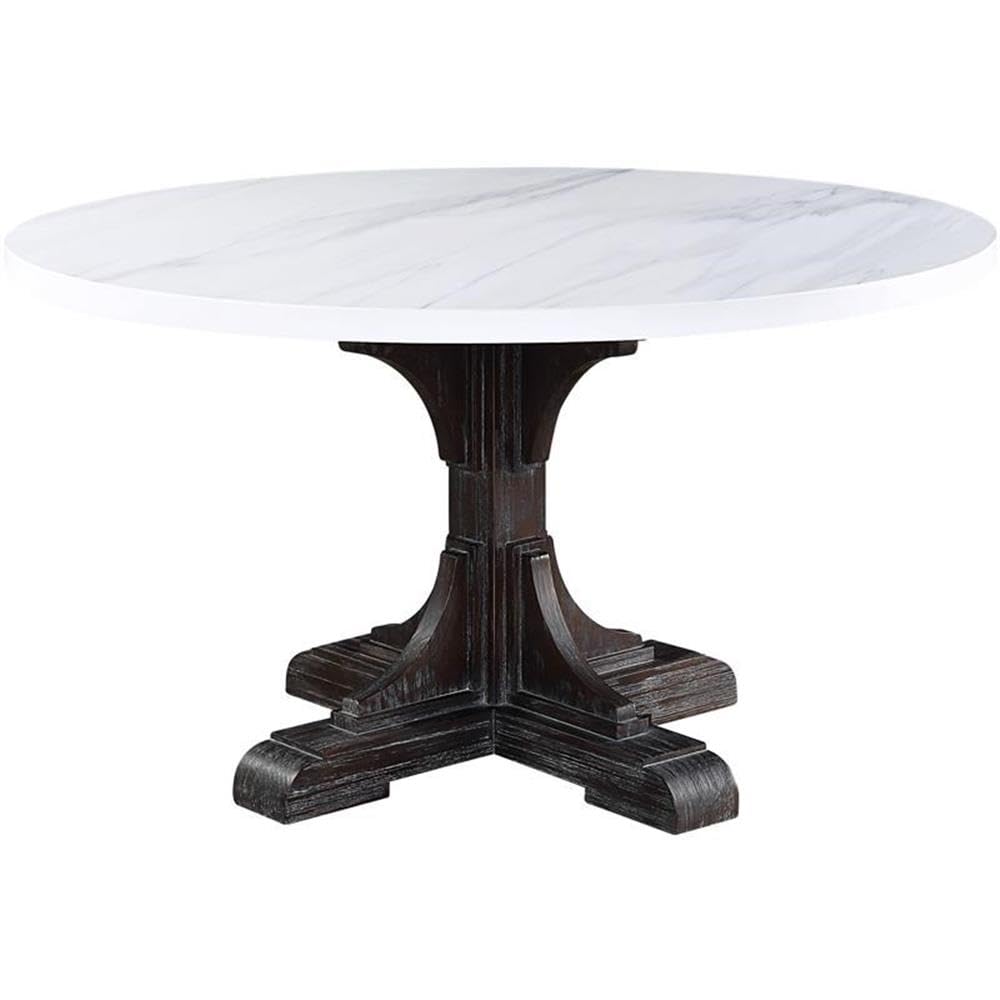 Acme Gerardo Round Marble Top Dining Table in White and Weathered Espresso