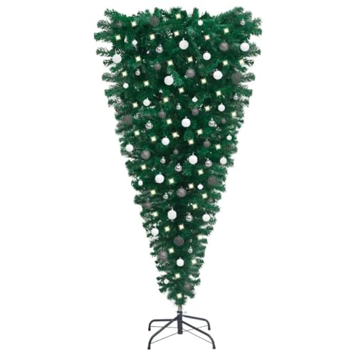 Vidaxl Pre-Lit Upside-Down Artificial Christmas Tree With Adjustable Branches, Steel Stand, And Ball Set - Green/White, 70.9&quot; Height