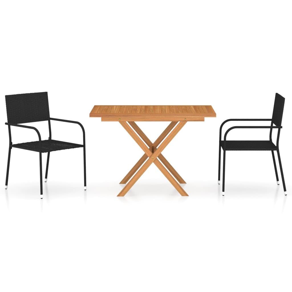 Vidaxl Patio Dining Set 3 Piece Garden Outdoor Balcony Backyard Terrace Dinner Dinette Seating Table Chair Set Poly Rattan & Solid Acacia Wood Black