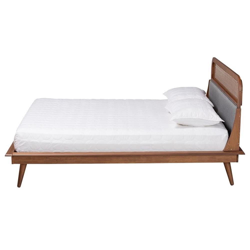Baxton Studio Irina Mid-Century Modern Grey Fabric and Ash Walnut Finished Wood King Size Platform Bed
