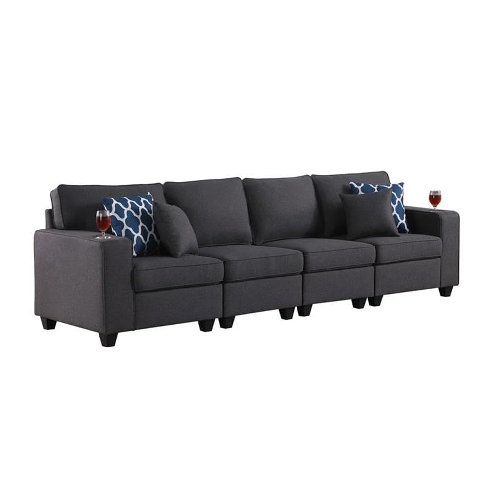 Lilola Home Cooper Dark Gray Linen 4-Seater Sofa with Cupholder