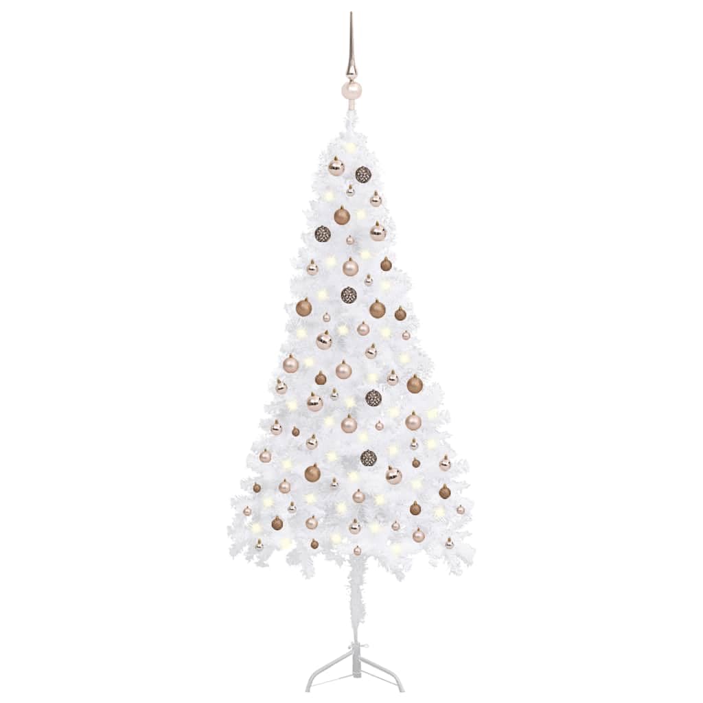 Vidaxl Corner Artificial Christmas Tree With Led Lights And Ball Set - Half Pvc Christmas Tree With Stand - Space Saving Holiday Decoration - Height 82.7&quot; - Green With Rose Gold Decor