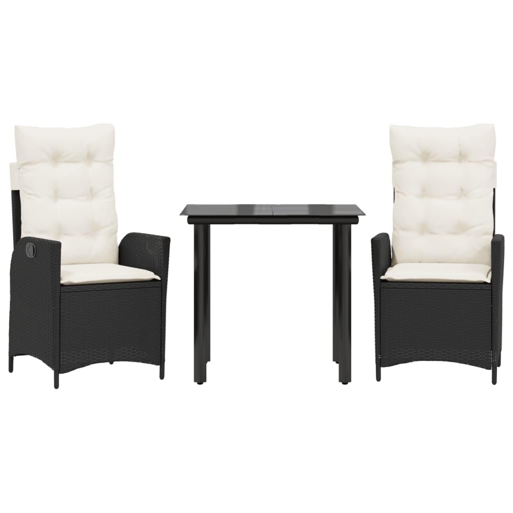 vidaXL - 7 Piece Black Patio Dining Set with Cushions, PE Rattan - Outdoor/Garden/Backyard Furniture - Tempered Glass Table, Adjustable Backrest Chairs, Removable Cushion Covers