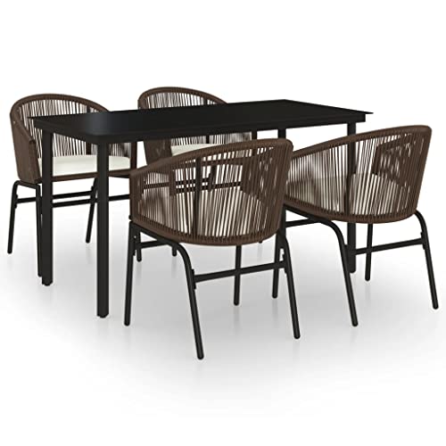 vidaXL 5-Piece Patio Dining Set - Outdoor Furniture Set with Powder-Coated Steel Frame, PVC Rattan Chairs, Glass Tabletop, Thickly Padded Cushions, Weather and UV Resistant - Brown
