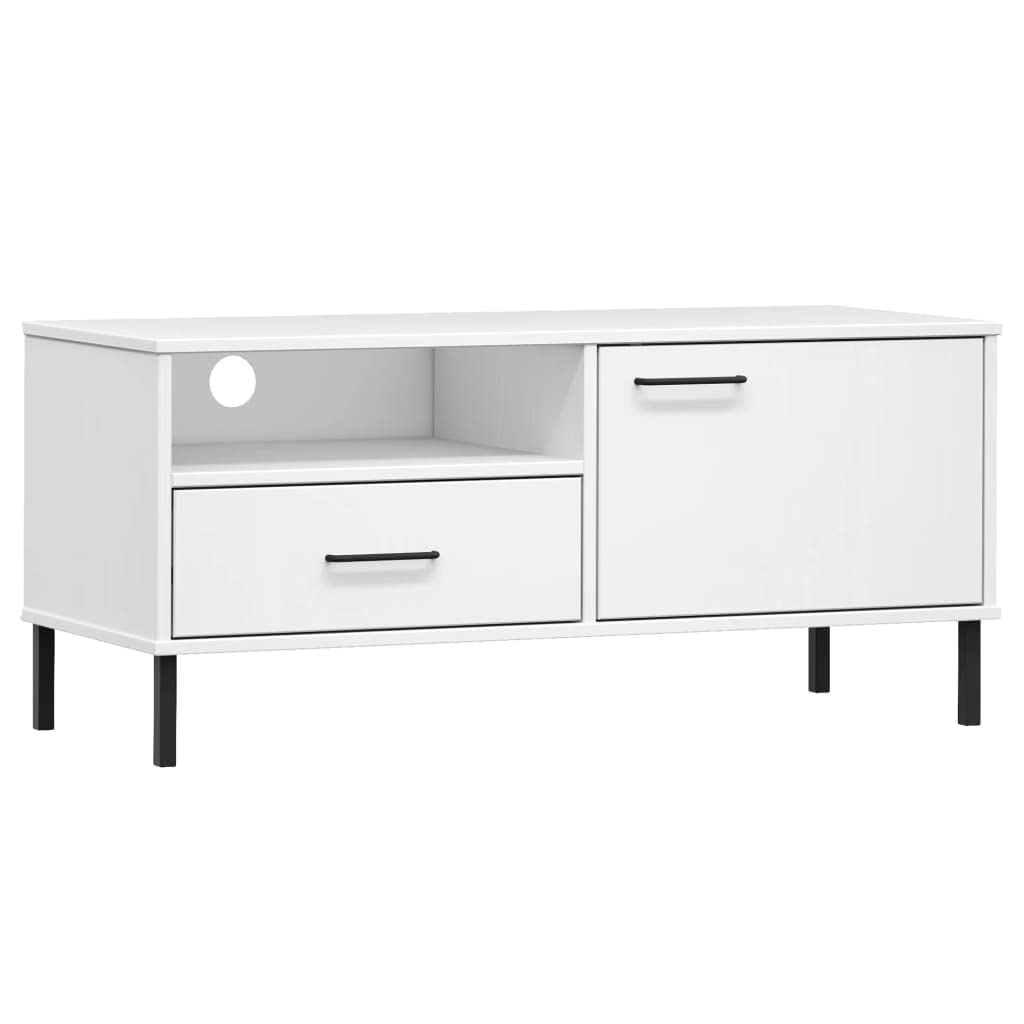 vidaXL Solid Pine Wood TV Stand with Metal Feet, White - Industrial-Style Media Storage Cabinet with Spacious Compartments and Drawer, Durable TV Unit for Home Living Room Furniture, Oslo Range