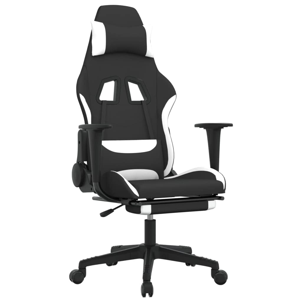 vidaXL Black and White Fabric Massage Gaming Chair with Adjustable Backrest and Footrest, Rolling Casters, and Sturdy Frame Perfect for Office and Gaming