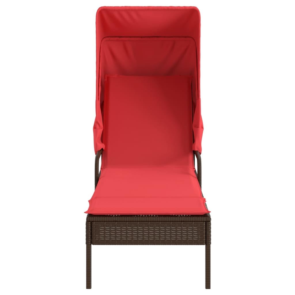 vidaXL Brown Poly Rattan Sun Lounger with Retractable Canopy, Adjustable Backrest, Cushion & Tea Table for Patio/Garden