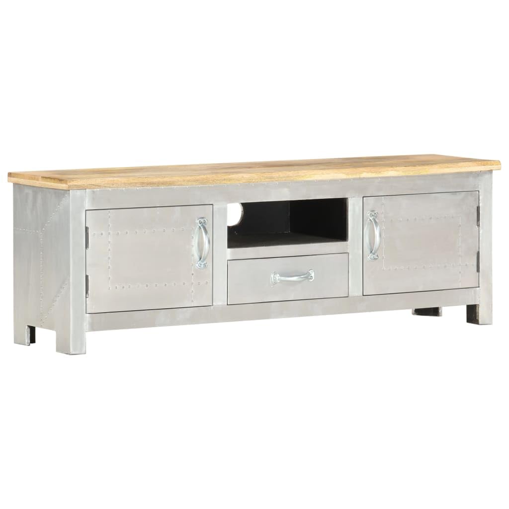 vidaXL Vintage Aviator TV Stand with Polished Aluminum Cladding and Solid Mango Wood Frame, Features 1 Drawer, 2 Doors, 1 Open Compartment, 47.2&quot;x11.8&quot;x15.7&quot; Size