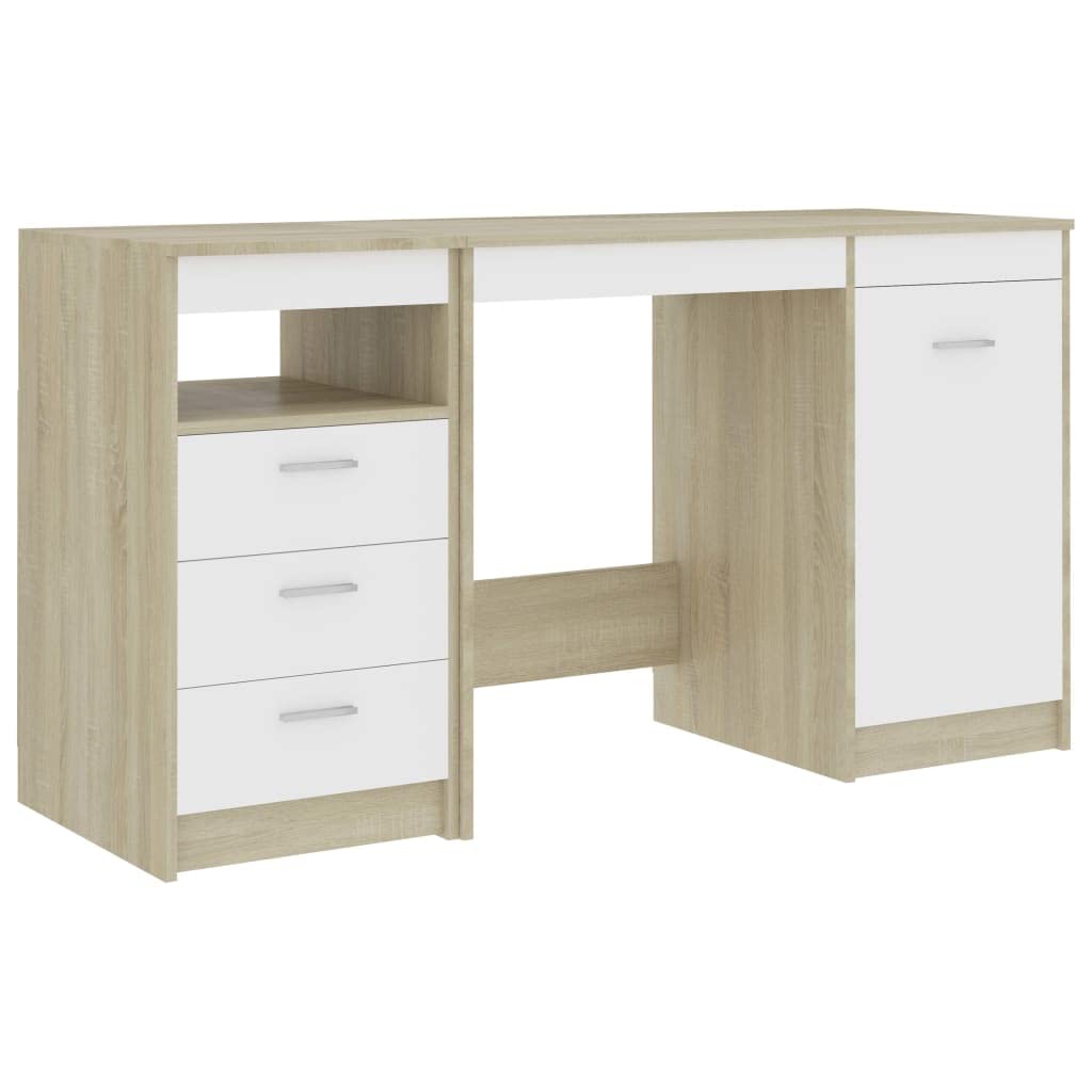 vidaXL Desk, Computer Desk with Storage Cabinet, Home Office Desk, Workstation for Living Room Bedroom, Modern, White and Sonoma Oak Engineered Wood