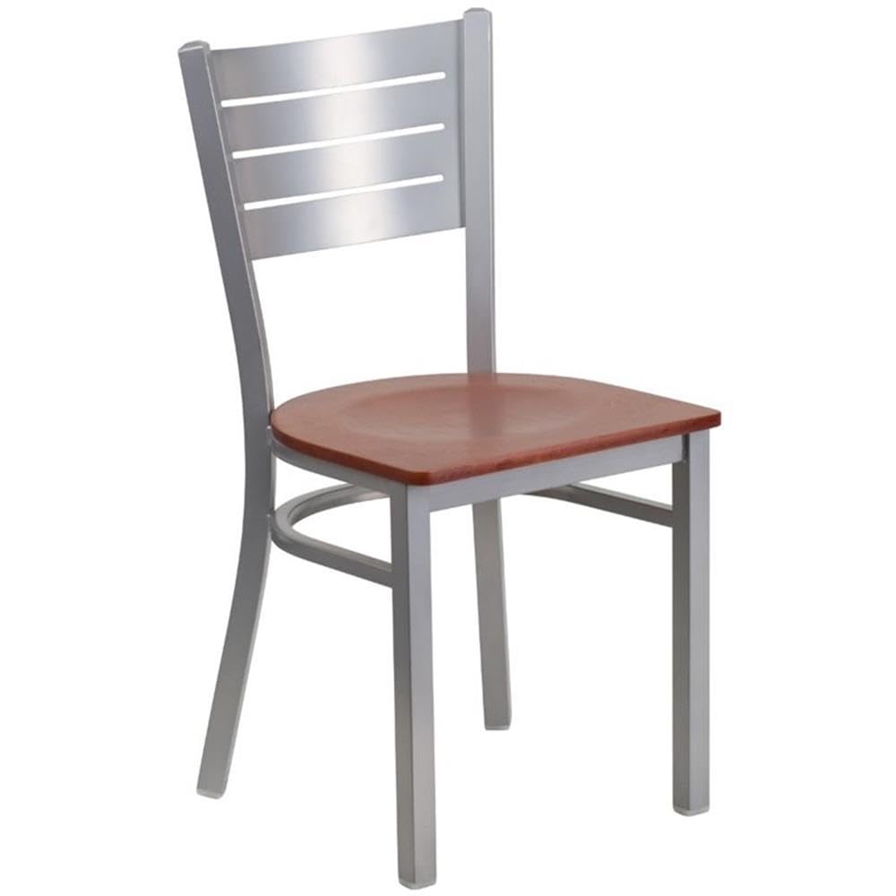 Flash Furniture Hercules Series Silver Slat Back Metal Restaurant Chair - Cherry Wood Seat