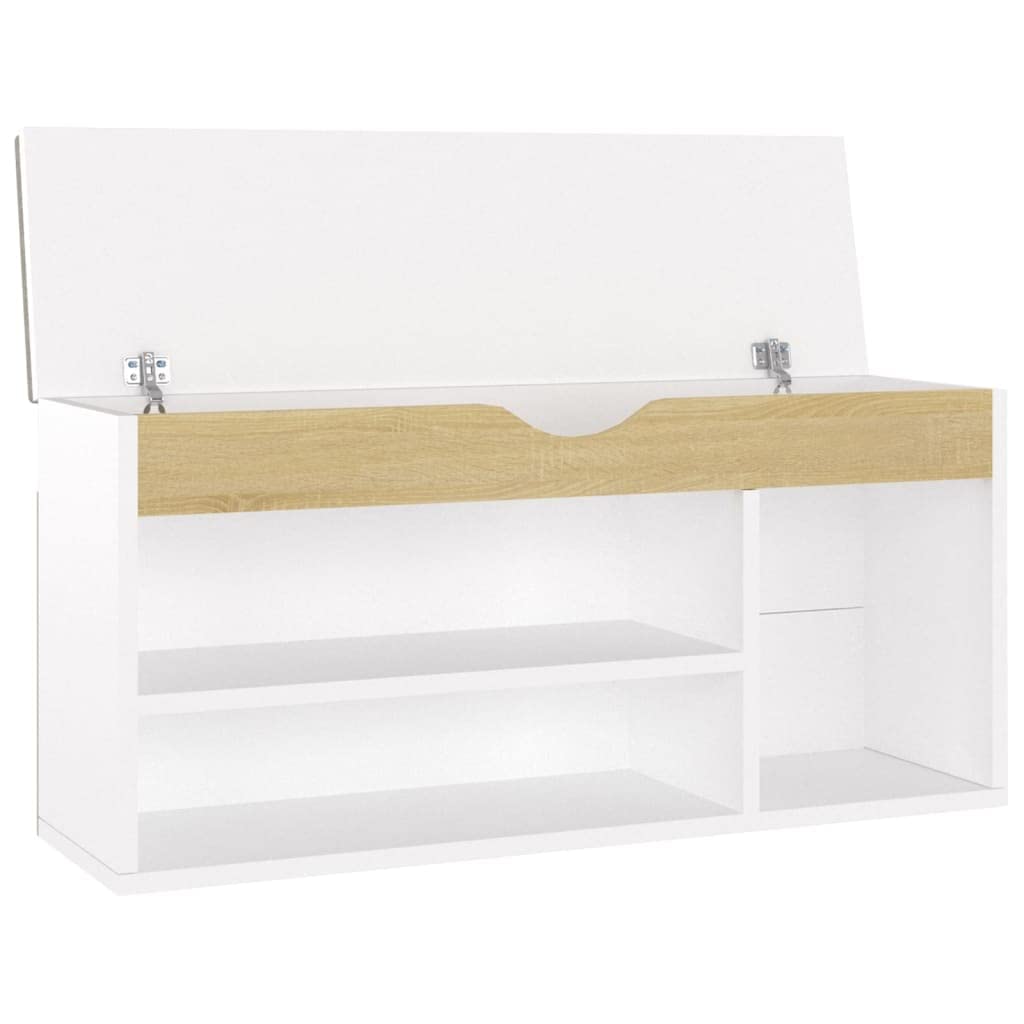 vidaXL Shoe Bench with Cushion in White and Sonoma Oak - Engineered Wood Shoe Storage Organizer - Comfortable, Practical and Stylish