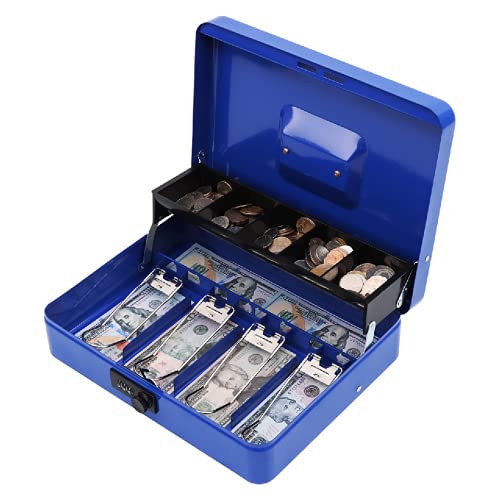 Xydled Metal Cash Box, Cash Box With Money Tray And Combination Lock, Storage Box, Blue,4 Bill / 5 Coin Slots,11.8' X 9.5' X 3