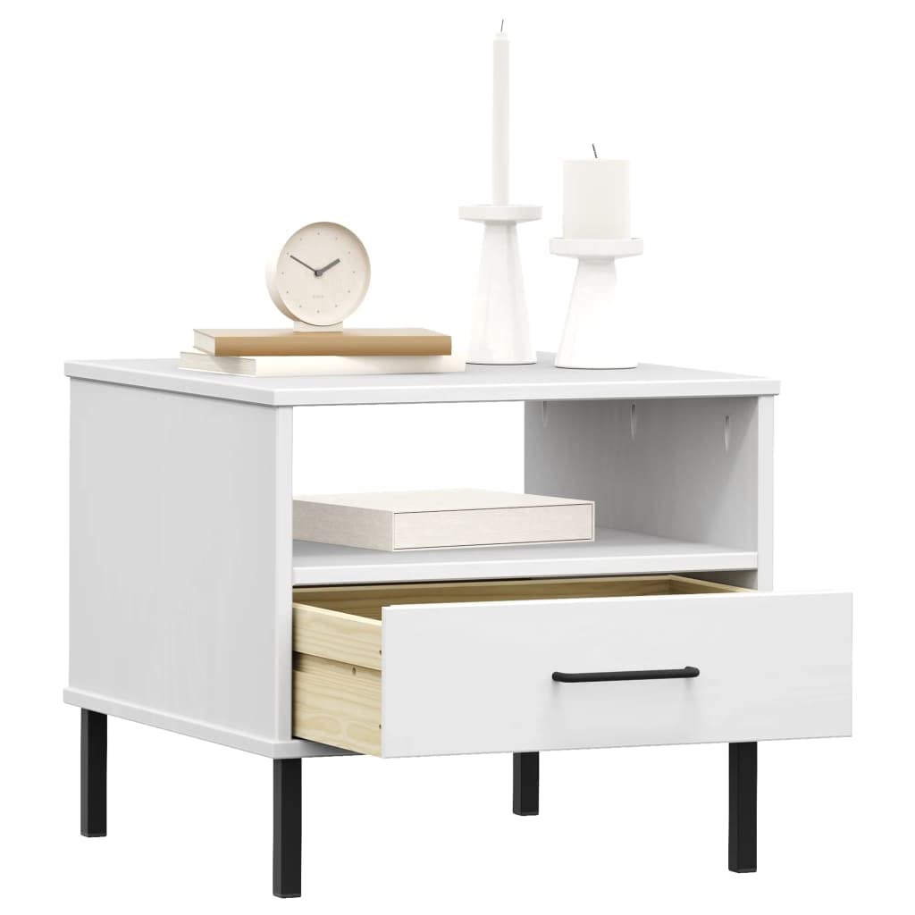 vidaXL Solid Pine Wood Bedside Table-Oslo Range, Industrial Design, White Finish, with Metal Legs, One Drawer and Open Compartment
