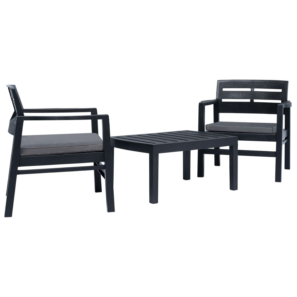 vidaXL 3-Piece Patio Lounge Set - Anthracite Plastic Outdoor Furniture Set with Armchairs, Table, and Comfortable Polyester Seat Cushions