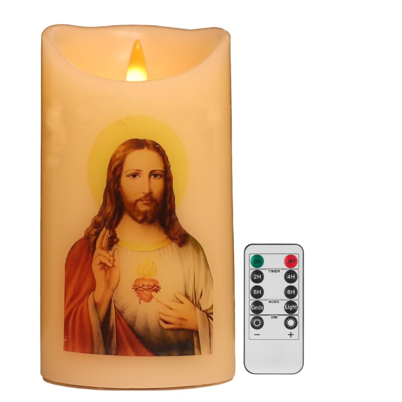 QQFCTOO LED Prayer Flameless Candles with Remote Timer, Battery Powered Candle, Religious Candle, Real Wax,Jesus Candle 6 x 3.2