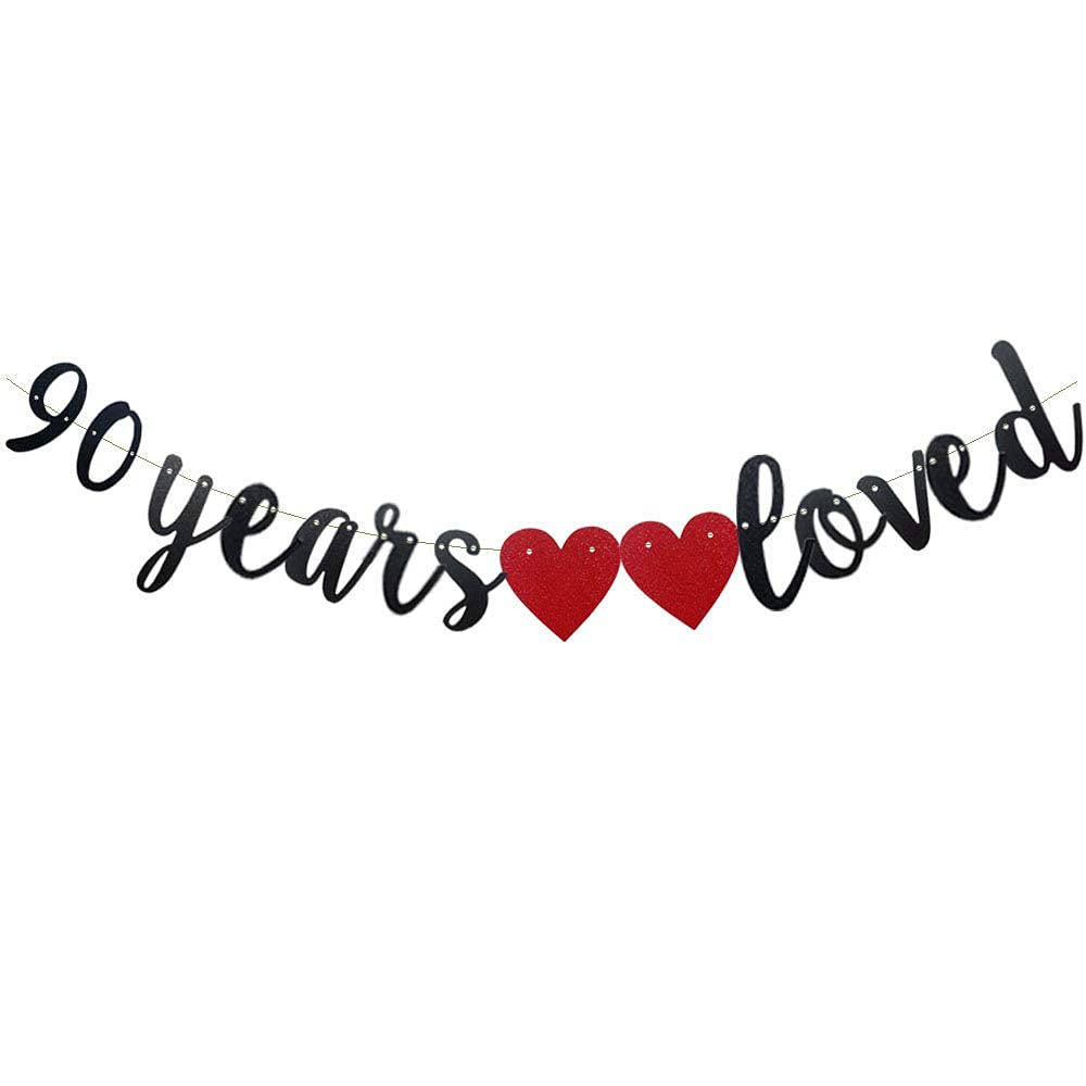 Festiko90 Years Loved Banner Black Paper Glitter Party Decorations for 90TH Birthday Decorations 90TH Wedding Anniversary Day Pa