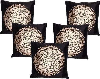 Jdx Black Color Gold Print Flower Stain Cushion Cover (16X16 Inches)  Pack Of 5
