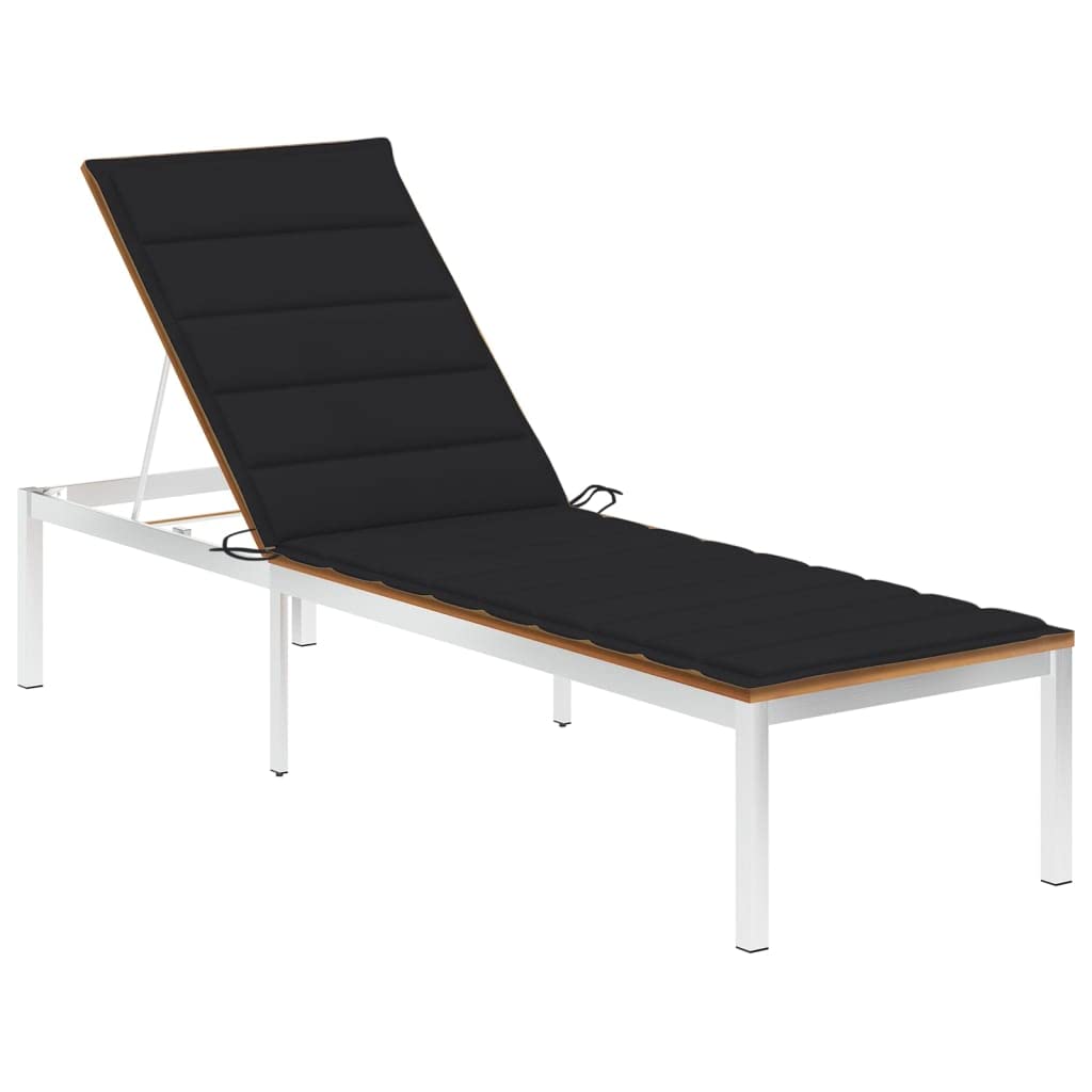 vidaXL Solid Acacia Wood Sun Lounger with Cushion Garden Outdoor Terrace Beach Wooden Sun Day Lounge Bed Seating Seat Furniture Stainless Steel