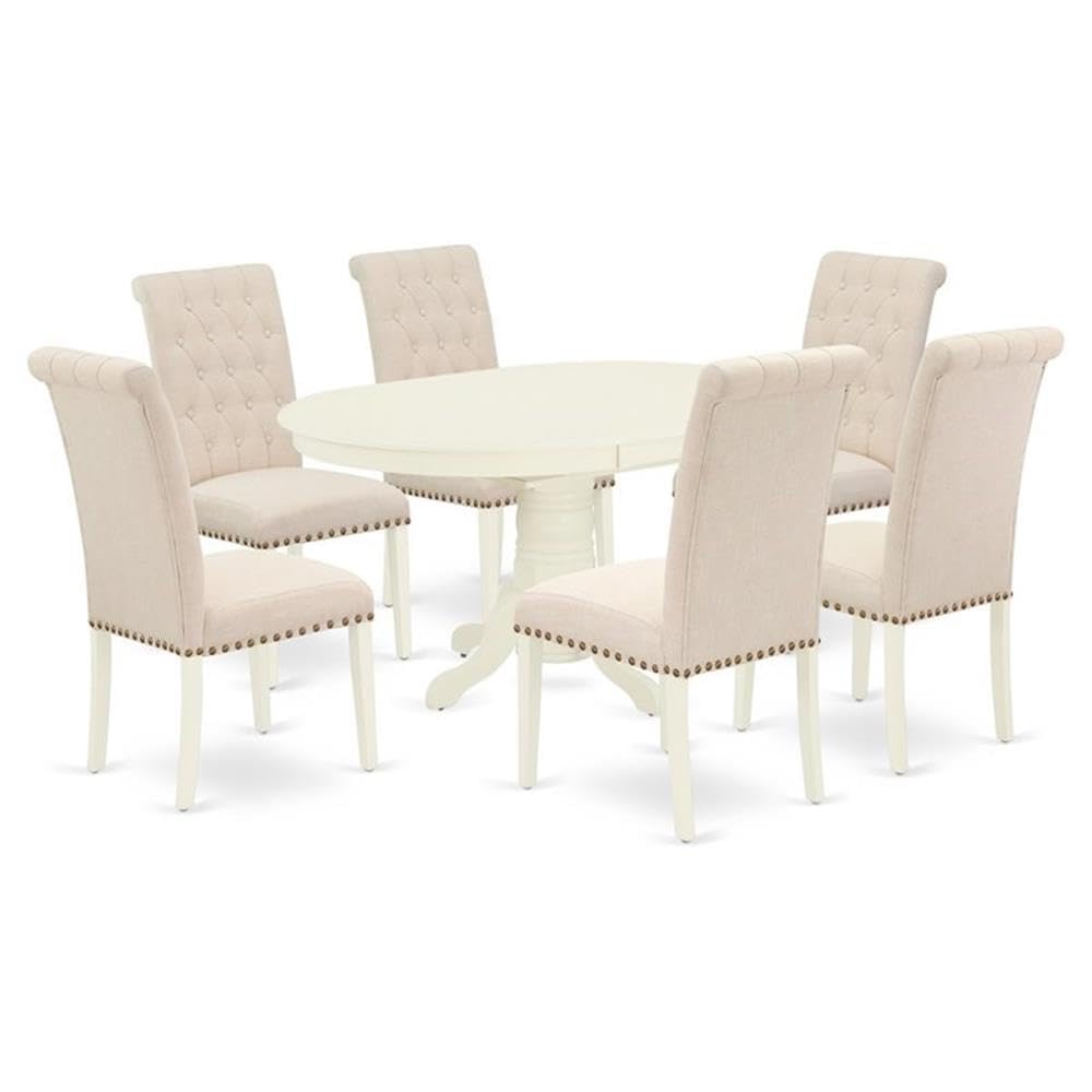 East West Furniture Avbr7-Lwh-02 7 Piece Kitchen Table Set Consist Of An Oval Dining Room Table With Butterfly Leaf And 6 Light Beige Linen Fabric Parson Chairs, 42X60 Inch, Linen White