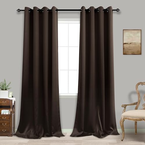 Solid Dark Brown Curtains For Living Room Bay Window,Smooth Satin Touch Polyester Long Size Traditional Rustic Grommet Large Curtains Draperies For Sliding Glass Door 2 Panels,52 Wide 108 Inch Length