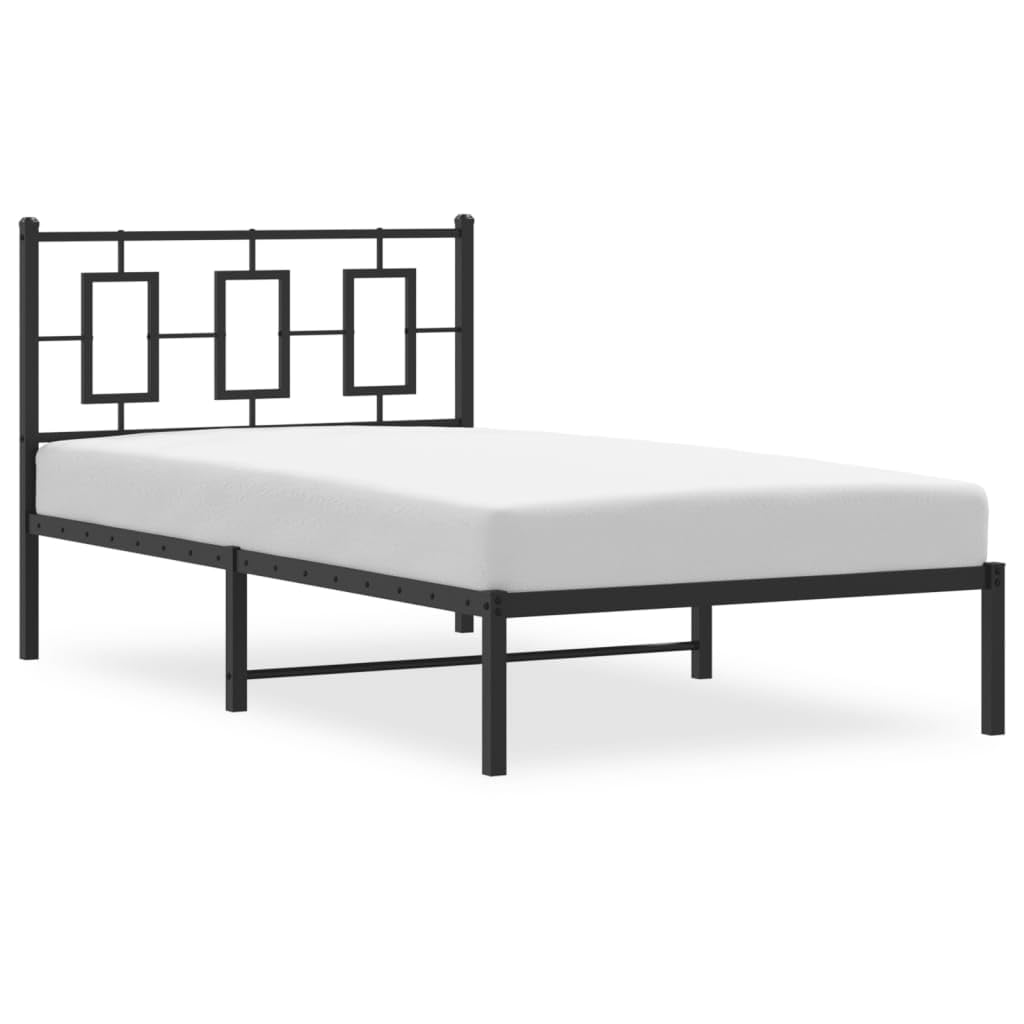 vidaXL Metal Single Bed Frame - Black Steel, Supportive Slats, Elevated Design for Storage, Headboard Included, Fits 39.4"x78.7" Mattress