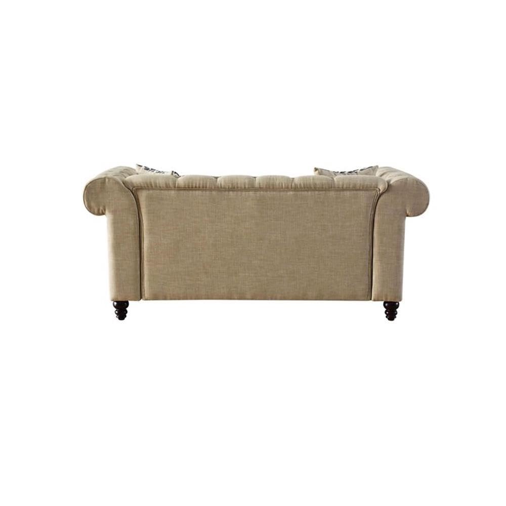 Acme Aurelia Nail-Head Trim Tufted Loveseat with 2 Pillows in Beige Linen