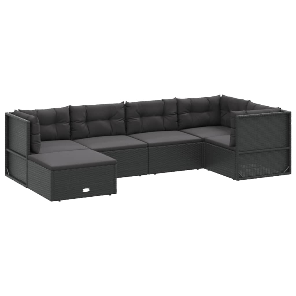 Vidaxl 6-Piece Black Patio Lounge Set, Durable Poly Rattan Material, Powder-Coated Steel Frame, Including Corner Sofa, Middle Sofa And Footstool With Cushions