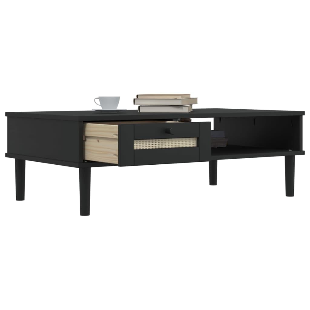 vidaXL SENJA Rattan Look Accent Coffee Table - Black Solid Pine Wood with UV Varnish, Storage Drawer, Rectangular Sofa Side Table for Living Room