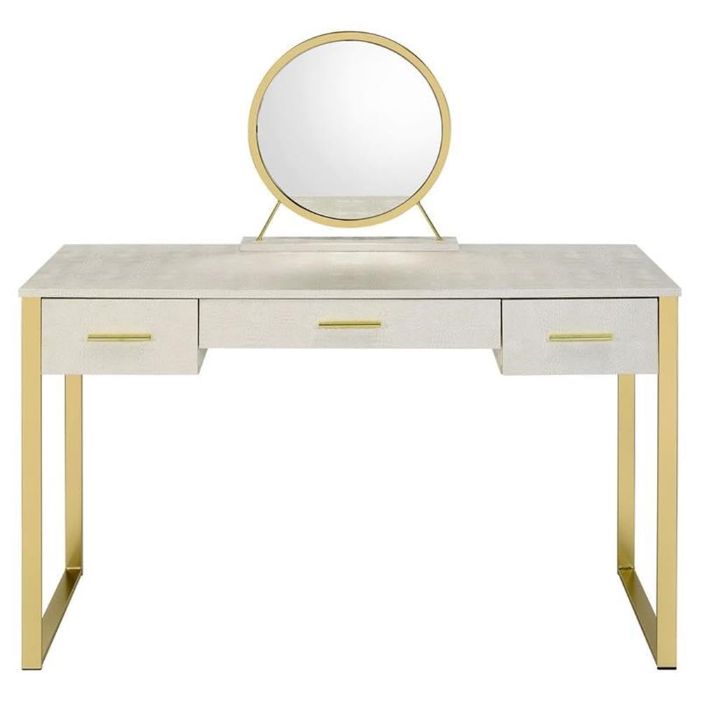 Acme Myles Vanity Set with USB Port in Antique White and Champagne Metal