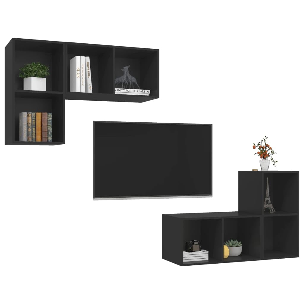 vidaXL Modern Wall-Mounted TV Stands in Black, 4 Piece Set of Engineered Wood TV Cabinets, Versatile Placement Option, Easy to Clean