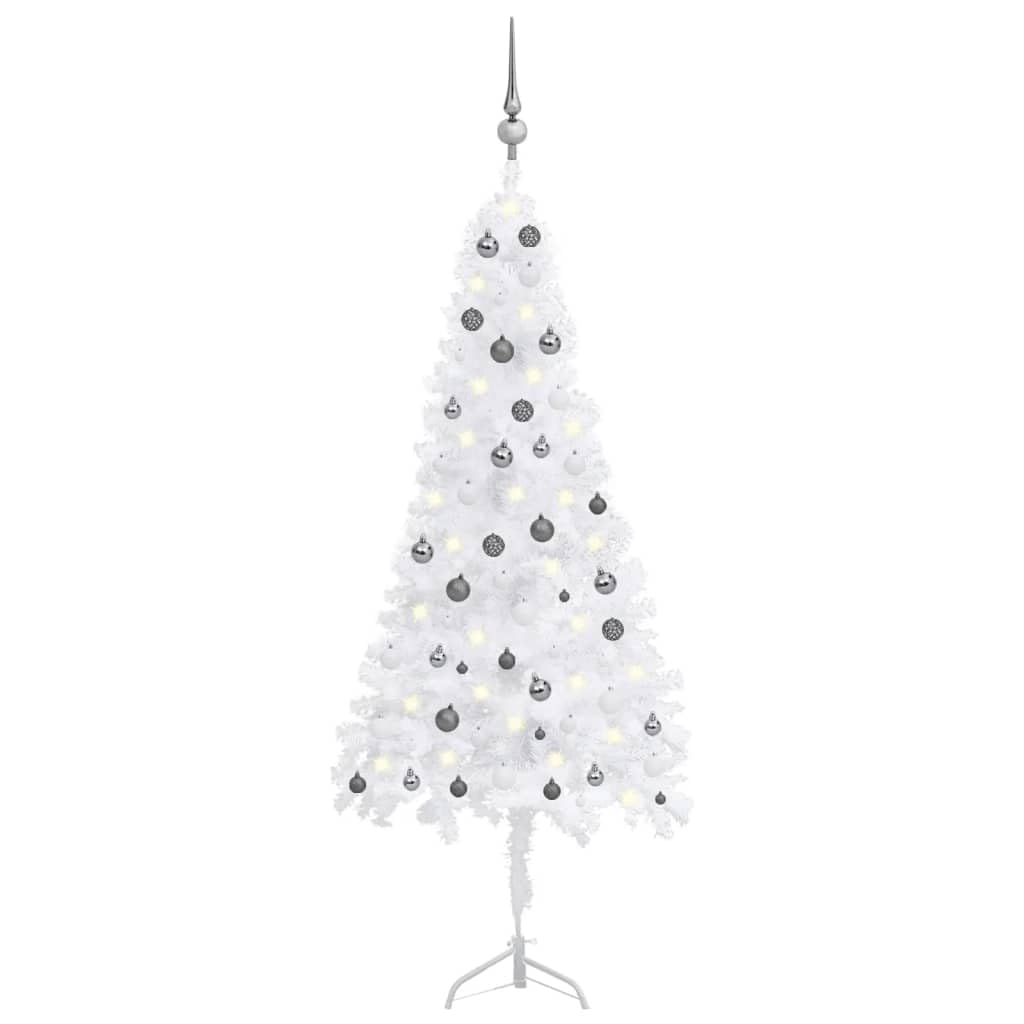 vidaXL White Corner Artificial Christmas Tree with LED Lights & Ball Set - PVC and Steel Structure - 82.7&quot; Tall - Space-Saving Design - Festive Decor