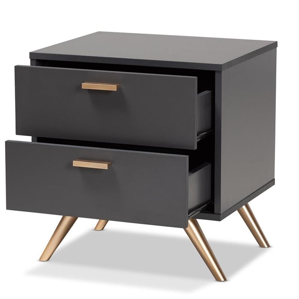 Baxton Studio Kelson Dark Grey and Gold Finished Wood 2-Drawer Nightstand