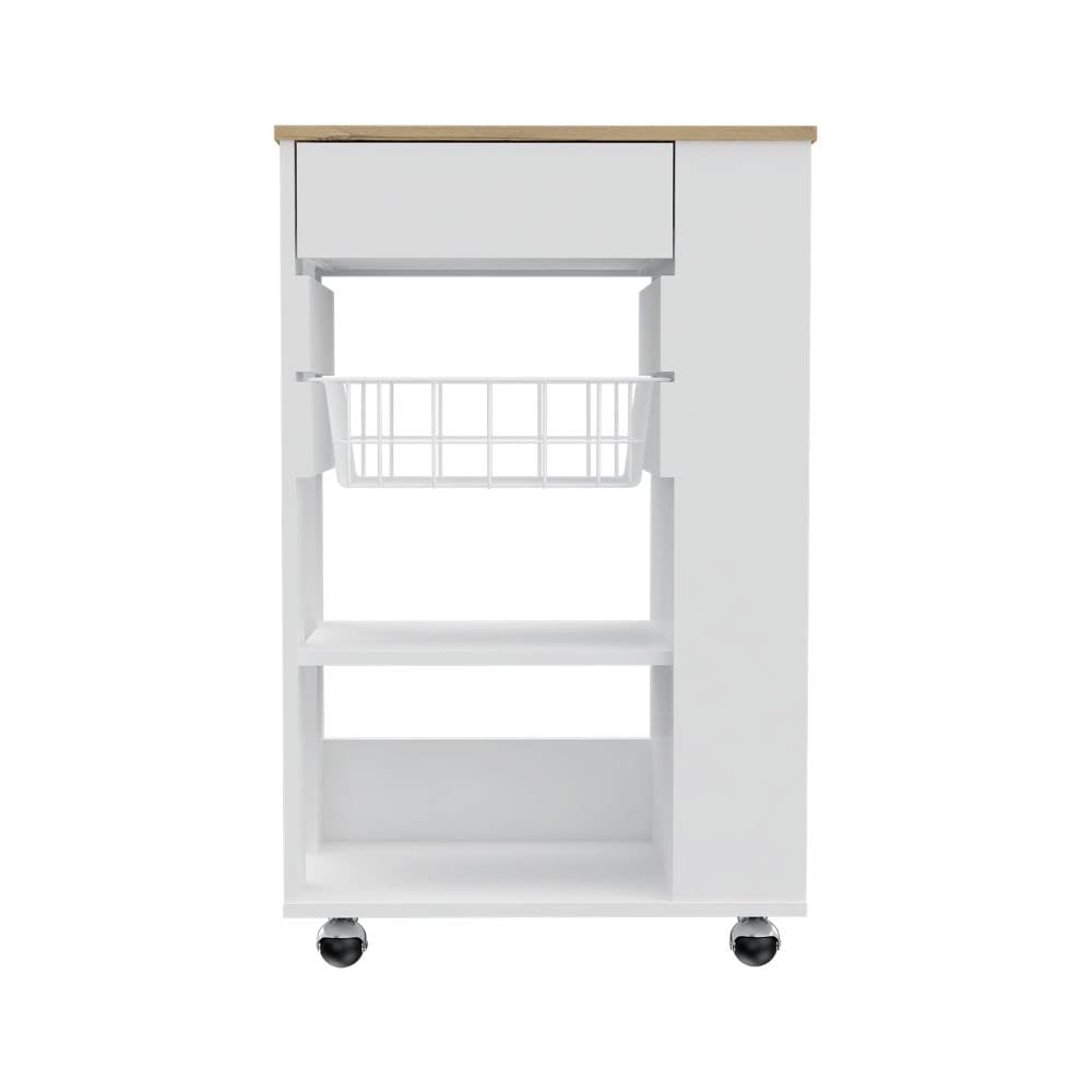 HomeRoots White-Light Oak Sleek White and Light Oak Portable Kitchen Cart