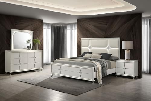 Coaster Home Furnishings Olivia Contemporary 4-Piece Bedroom Set Boucle Upholstered Eastern King Size LED Panel Bed Frame 64-inch Headboard Pearl White 224951KE-S4